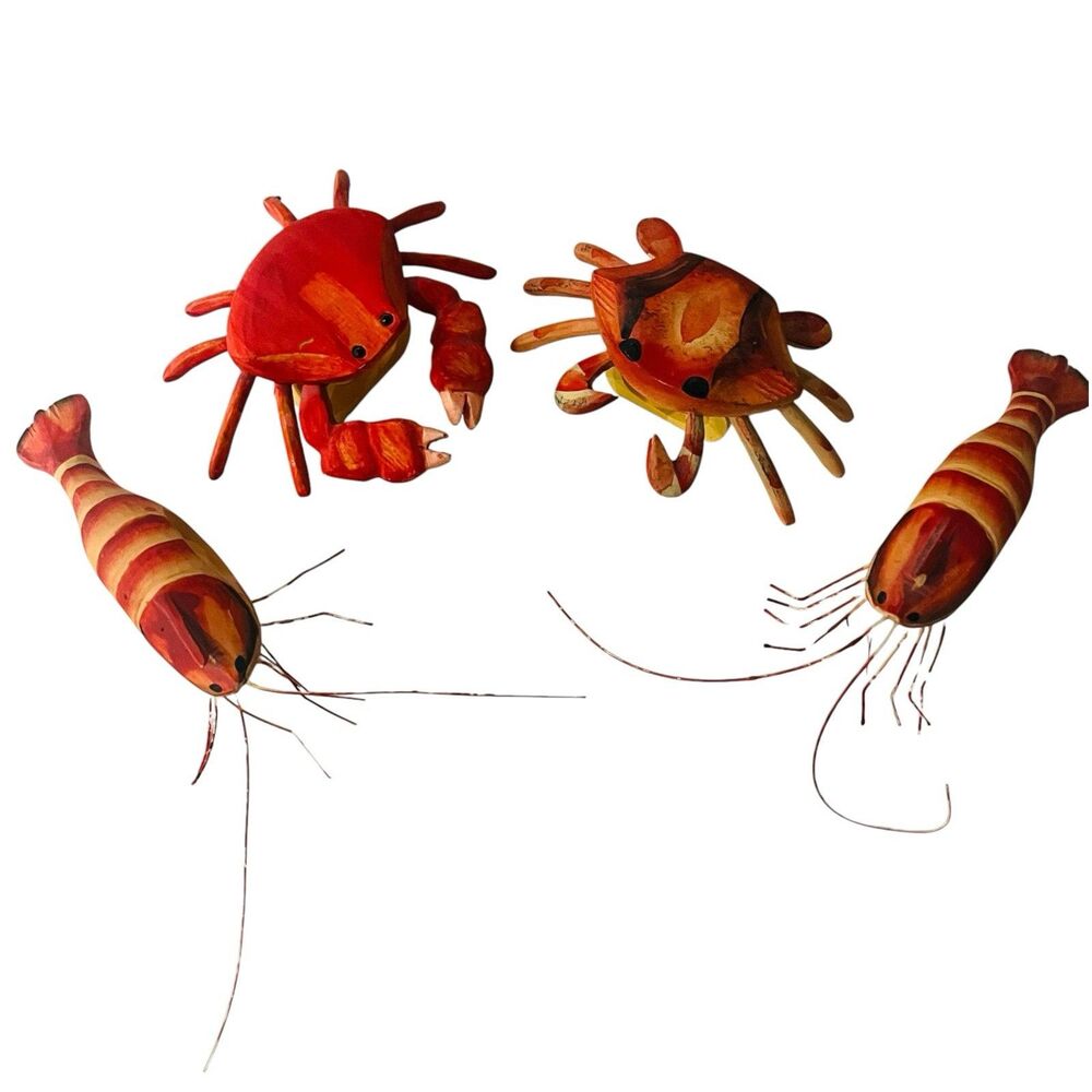 Vintage Hand Painted Wood Crab Shrimp Figurines Set of 4 Coastal Decor